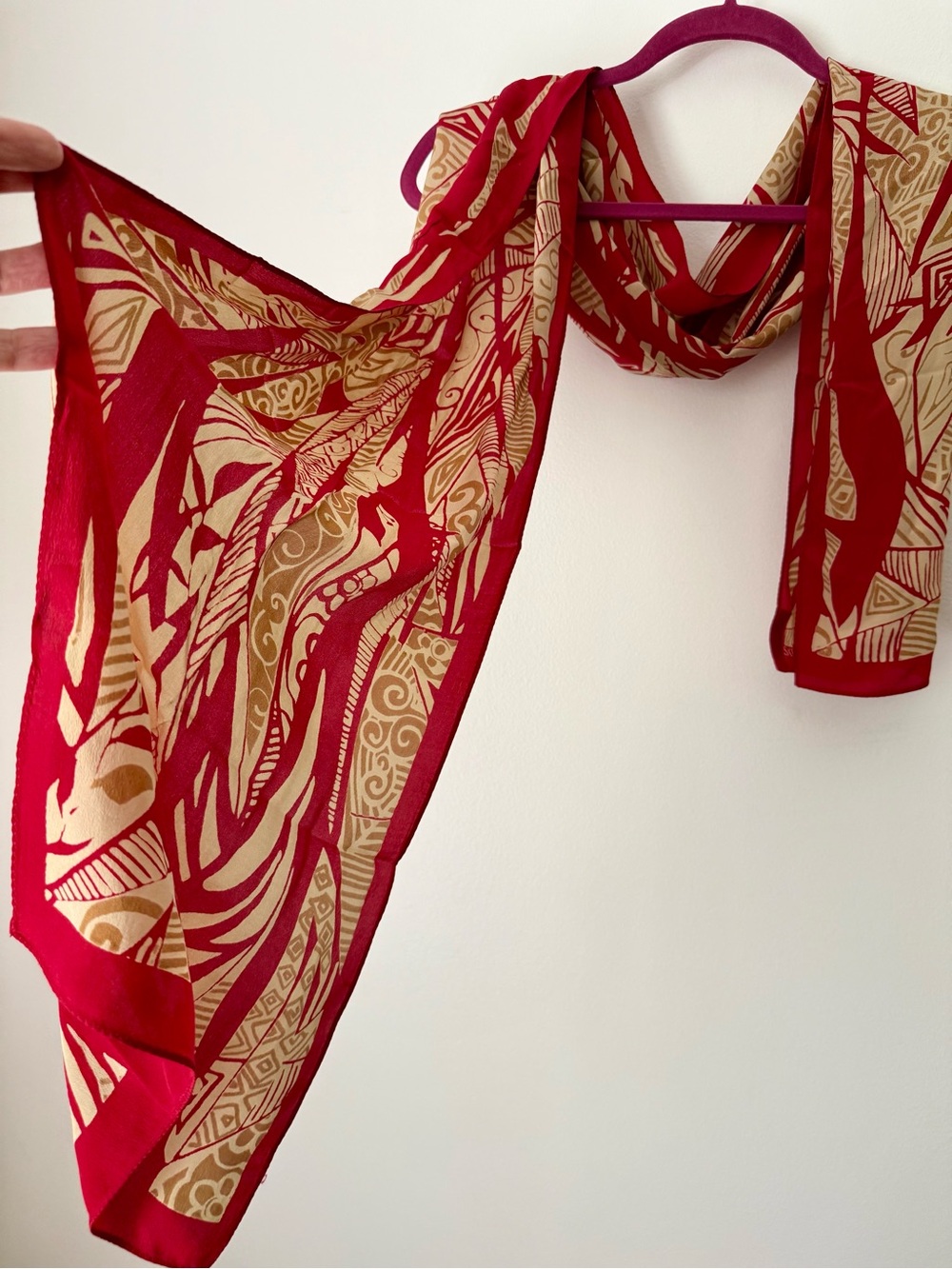 Satya Paul 100% Pure Silk Printed Scarf - Red & Beige Abstract Motif Luxury Wrap